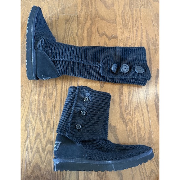 Ugg Australia Shoes - Ugg Black Cardy Classic Knitted Sweater‎ Tall Foldover Button Boot Size 7
